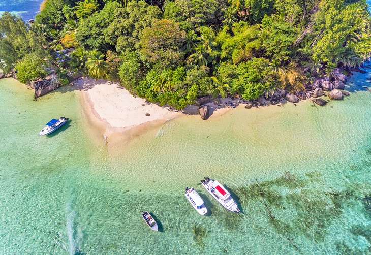 Aerial view of Moyenne Island in the Ste Anne Marine National Park