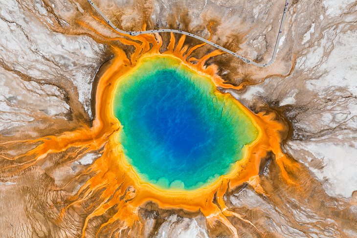 Aerial view of Grand Prismatic Spring, Midway Geyser Basin