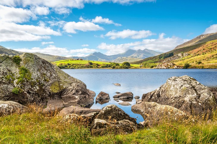 View of Snowdon peak from lake Llynnau Mymbyr in Snowdonia National Park