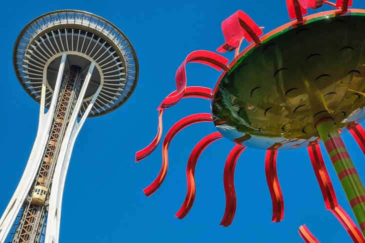 Seattle Space Needle and glass artwork at Chihuly Garden and Glass