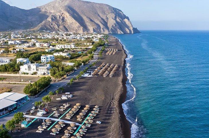 Aerial view of Perissa Beach, Santorini