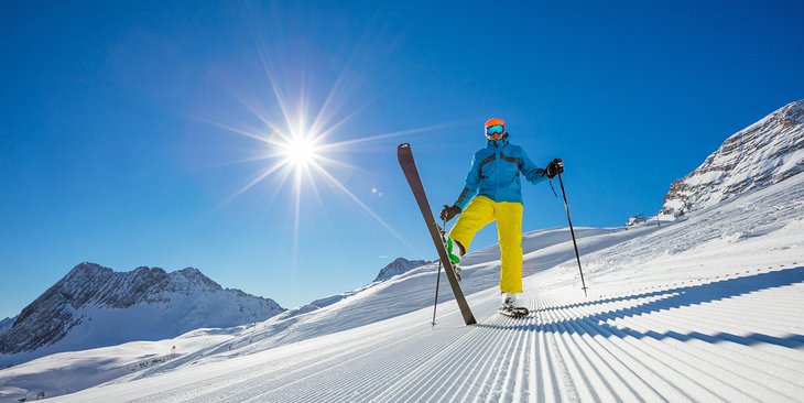 Skier enjoying freshly groomed snow on Zugspitze Mountain