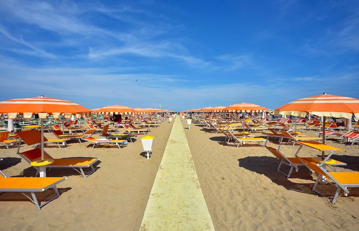 Sun loungers and umbrellas on the beach at Riccione