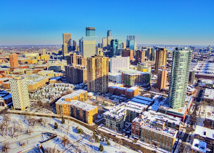 Aerial view of Downtown Minneapolis in the winter