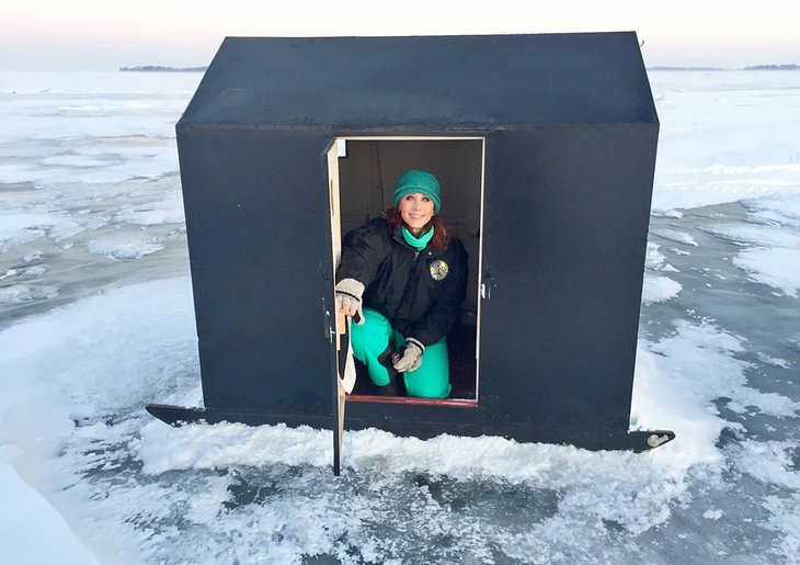 The author ice fishing on Lake Erie