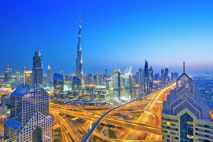 Aerial view of the Sheikh Zayed Road at dusk