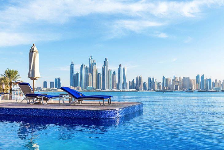 Downtown Dubai view from a luxury hotel's infinity pool
