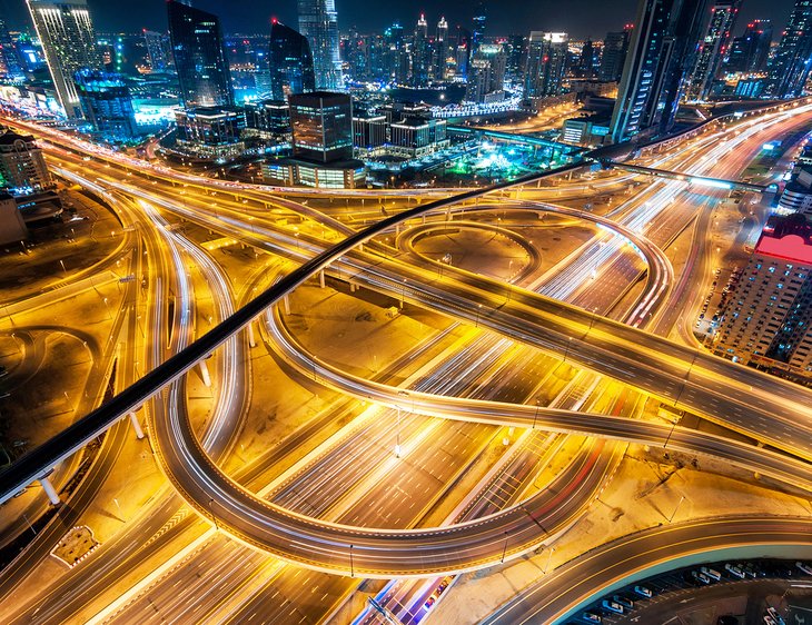 Freeway interchange at night in Abu Dhabi