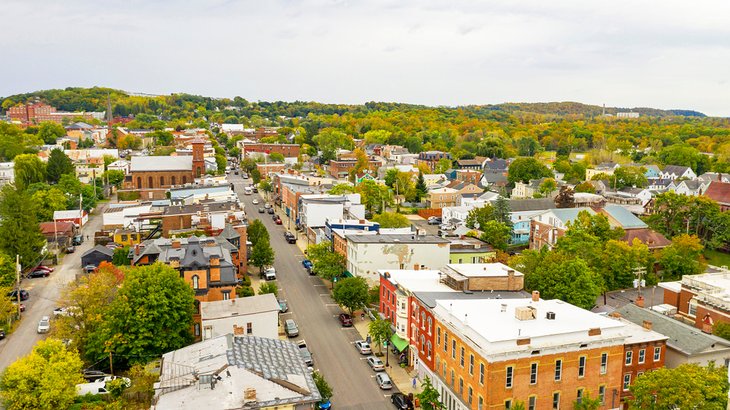 Aerial view of Warren Street and downtown Hudson