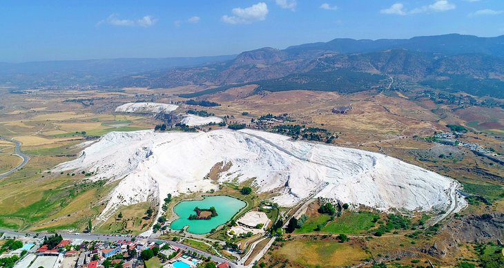 Aerial view of the travertine terraces in Pamukkale