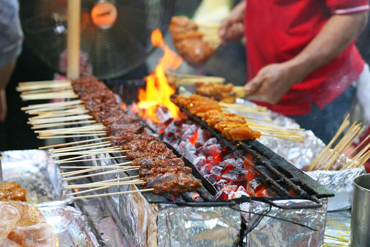 Chicken skewers at the Satay Street food market in Singapore