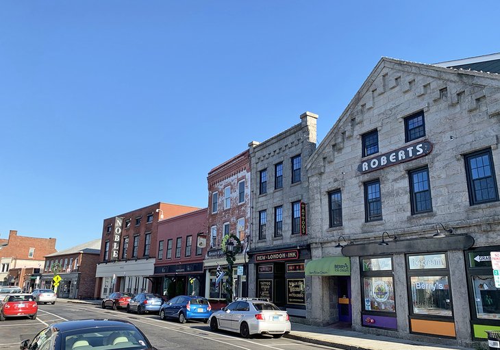 Shops and restaurants line Bank Street in New London's Historic Waterfront District
