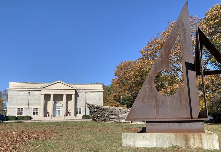 Sculptures adorn the front garden of the Lyman Allyn Art Museum