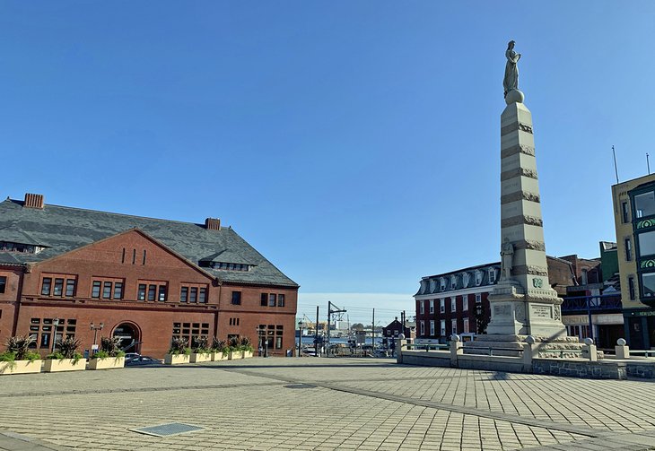 The Soldiers' and Sailors' Monument stands tall and proud in the heart of the waterfront district