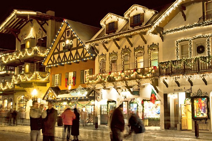 Leavenworth storefronts covered in lights