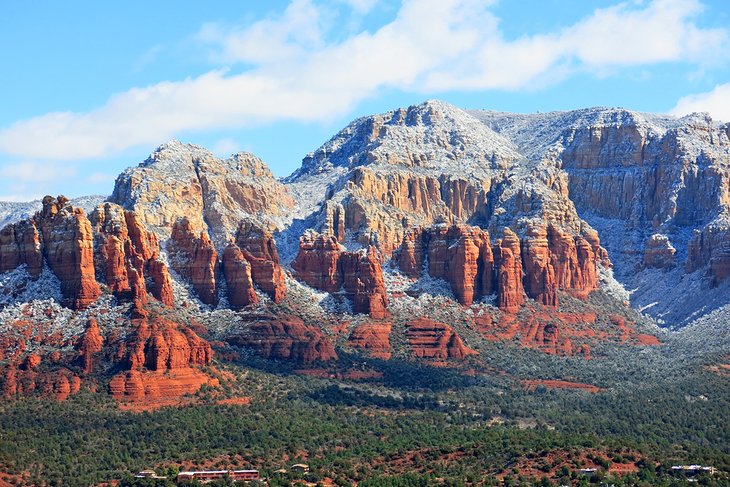 Mountains around Sedona covered in snow.