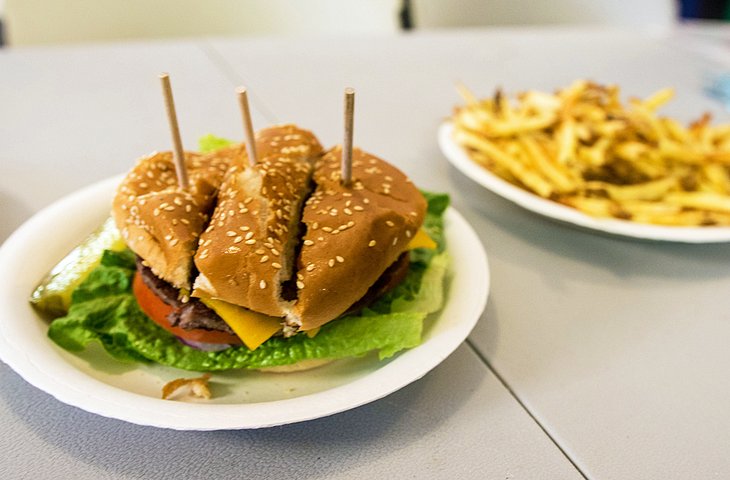 Hamburger and fries at the Whitney Portal Store