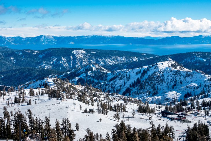View of Palisades Tahoe ski resort and Lake Tahoe