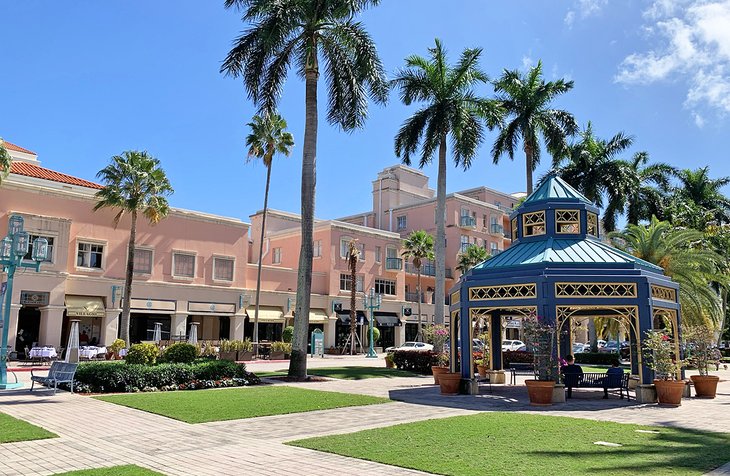 Upscale shops and restaurants line the perfectly manicured streets of Mizner Park.