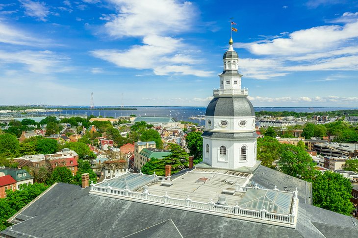 Aerial view of Maryland State House capitol building in Annapolis