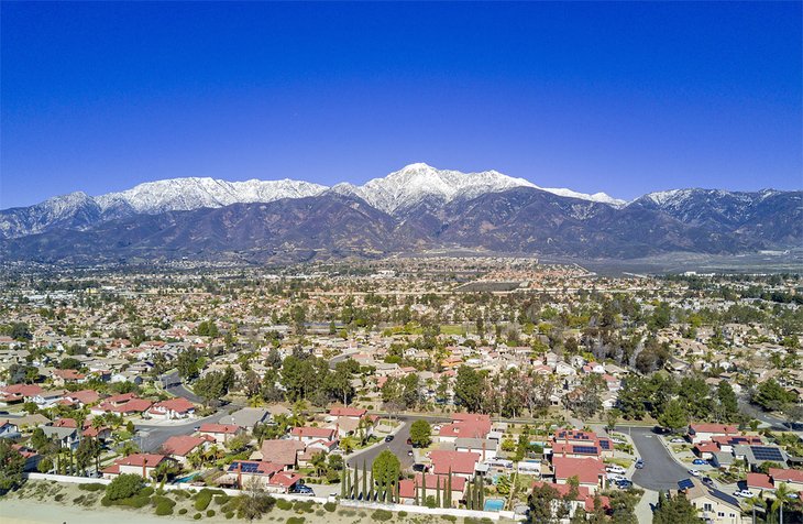 Mount Baldy and Angeles National Forest soaring above Rancho Cucamonga