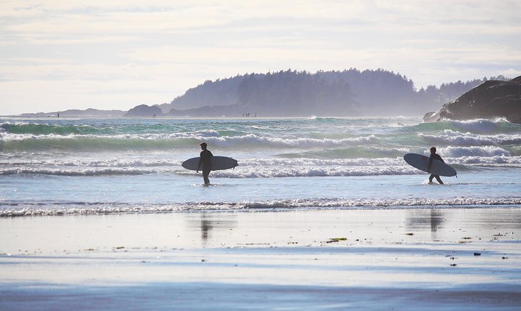 Surfers on Cox Bay Beach