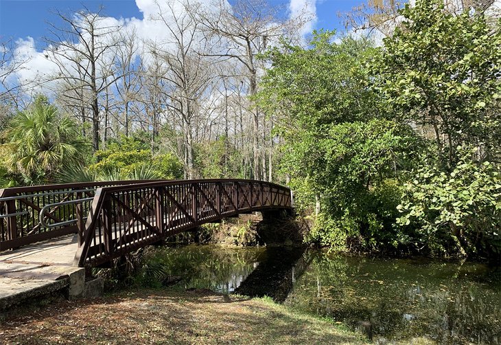 A bridge takes visitors across the lake in Orchid Park.