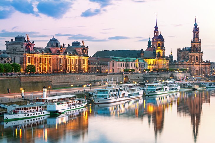 Fleet of paddlewheel steamships moored in Dresden