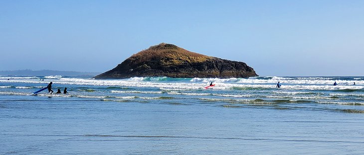 Surfers around Incinerator Rock, Long Beach