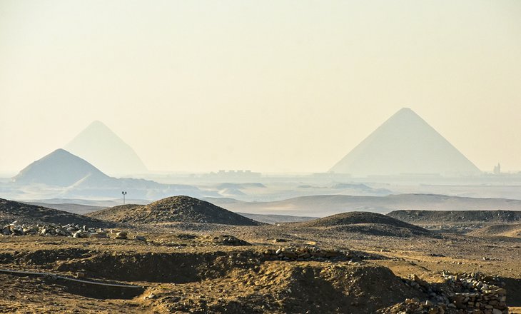 View from afar of the Red &amp; Bent Pyramids