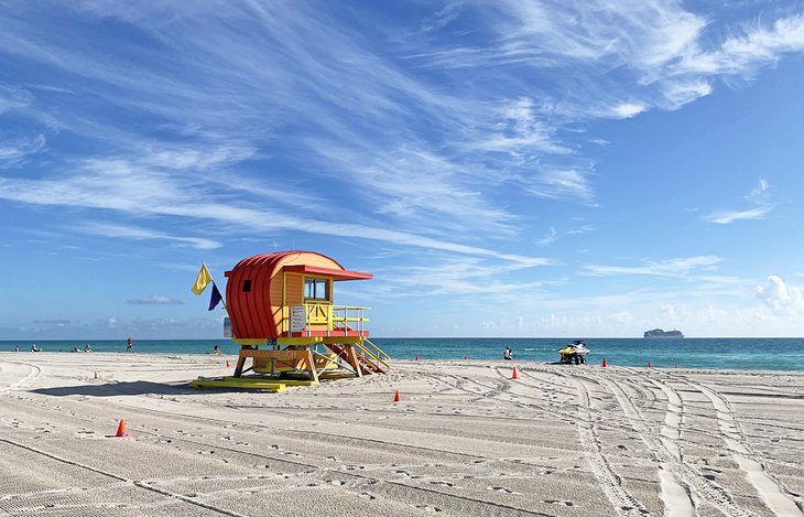 A lifeguard tower stands watch over Lummus Park Beach