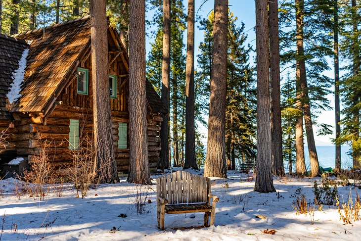Snow-covered cabin at the Tallac Historic Site