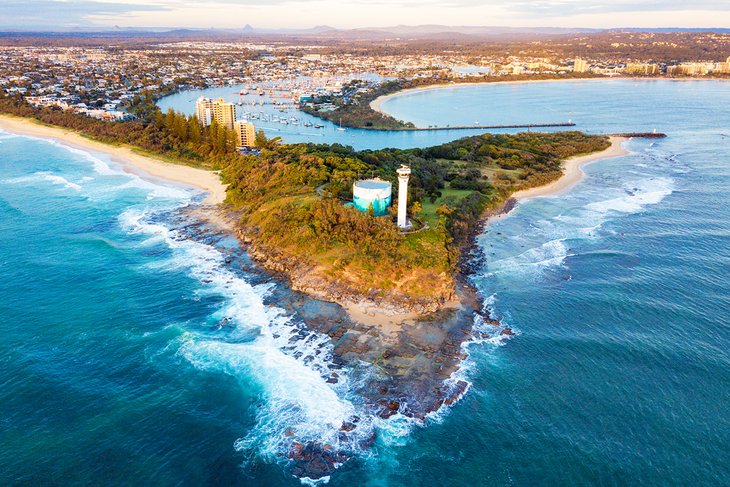 Aerial view of Point Cartwright Lighthouse and Mooloolaba