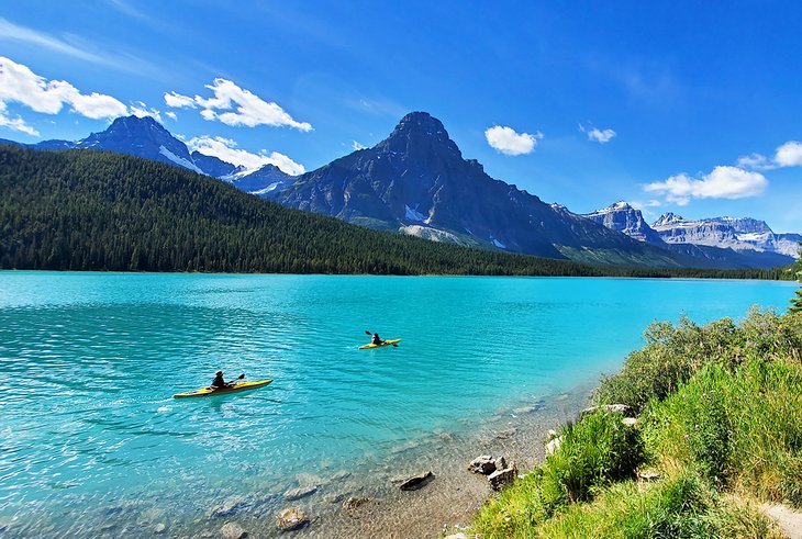Kayakers on Waterfowl Lake in Banff National Park
