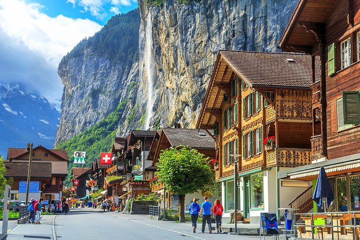 Waterfall and Lauterbrunnen village