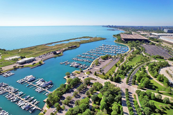 Aerial view of Burnham Park and Burnham Harbor