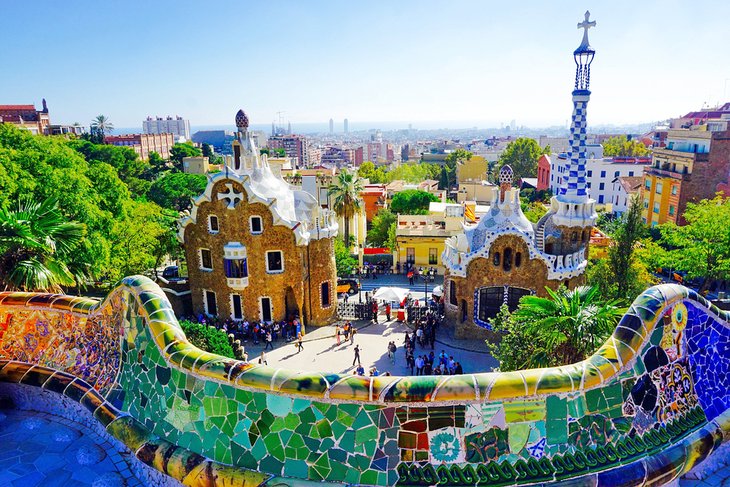 View of the gatehouses from the esplanade at Park Güell
