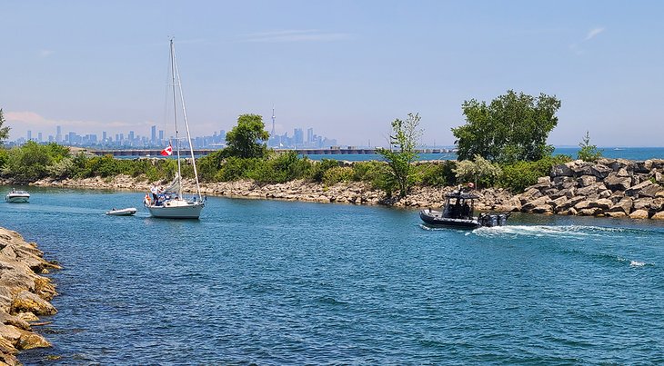 View of Toronto skyline from a path in Lakefront Promenade Park