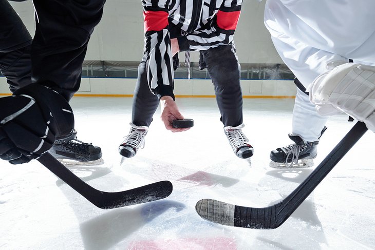 Hockey referee dropping the puck