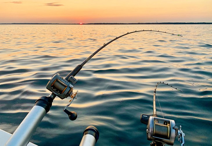 Pêche au saumon au lever du soleil sur le lac Michigan