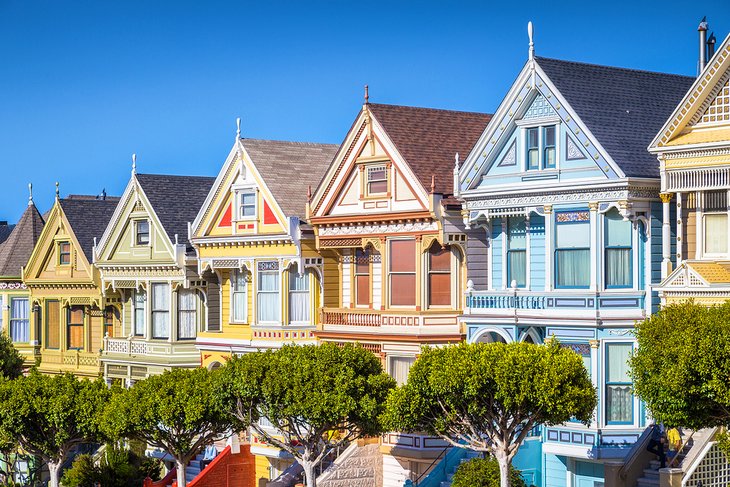 The Painted Ladies, colorful Victorian houses located near Alamo Square Park