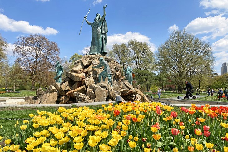 Washington Park Statue during the Tulip Festival 