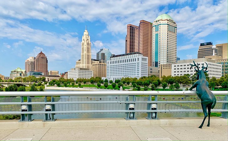 Columbus skyline from bridge with sculpture