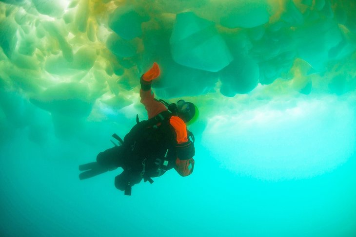 Ice diving under a glacier in Greenland