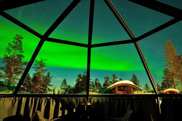 View of the northern lights from the Igloo Hotel in Finland