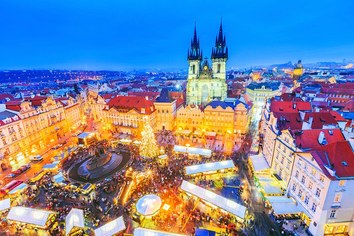 Aerial view of the Christmas market in Prague's Old Town Square