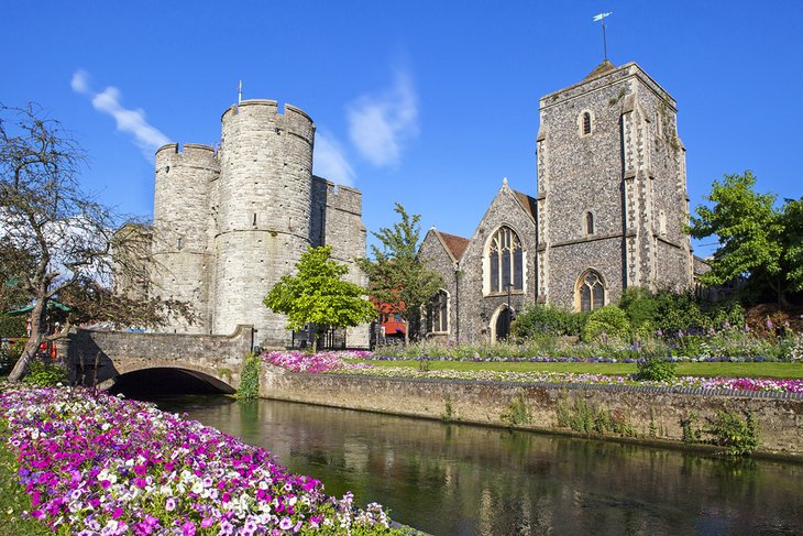 View across the River Stour of Westgate and the Guildhall in Canterbury