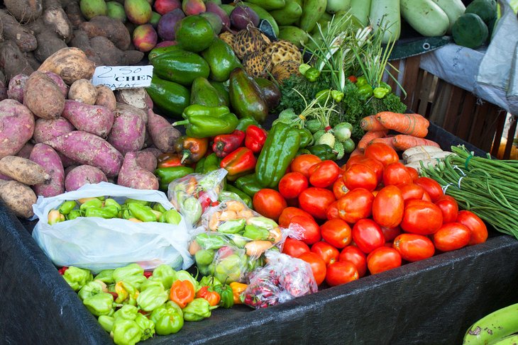 Fresh fruits and vegetables at Cayenne's Place Victor Schoelcher market