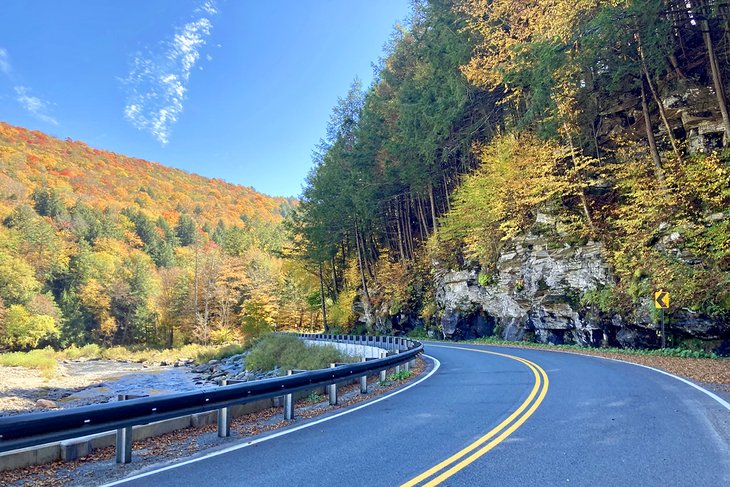 Scenic road through the Catskills with fall foliage