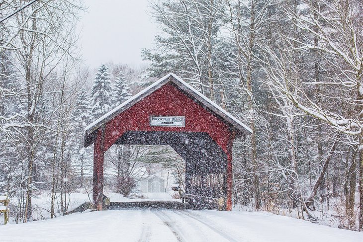 Vermont covered bridge in a snow storm